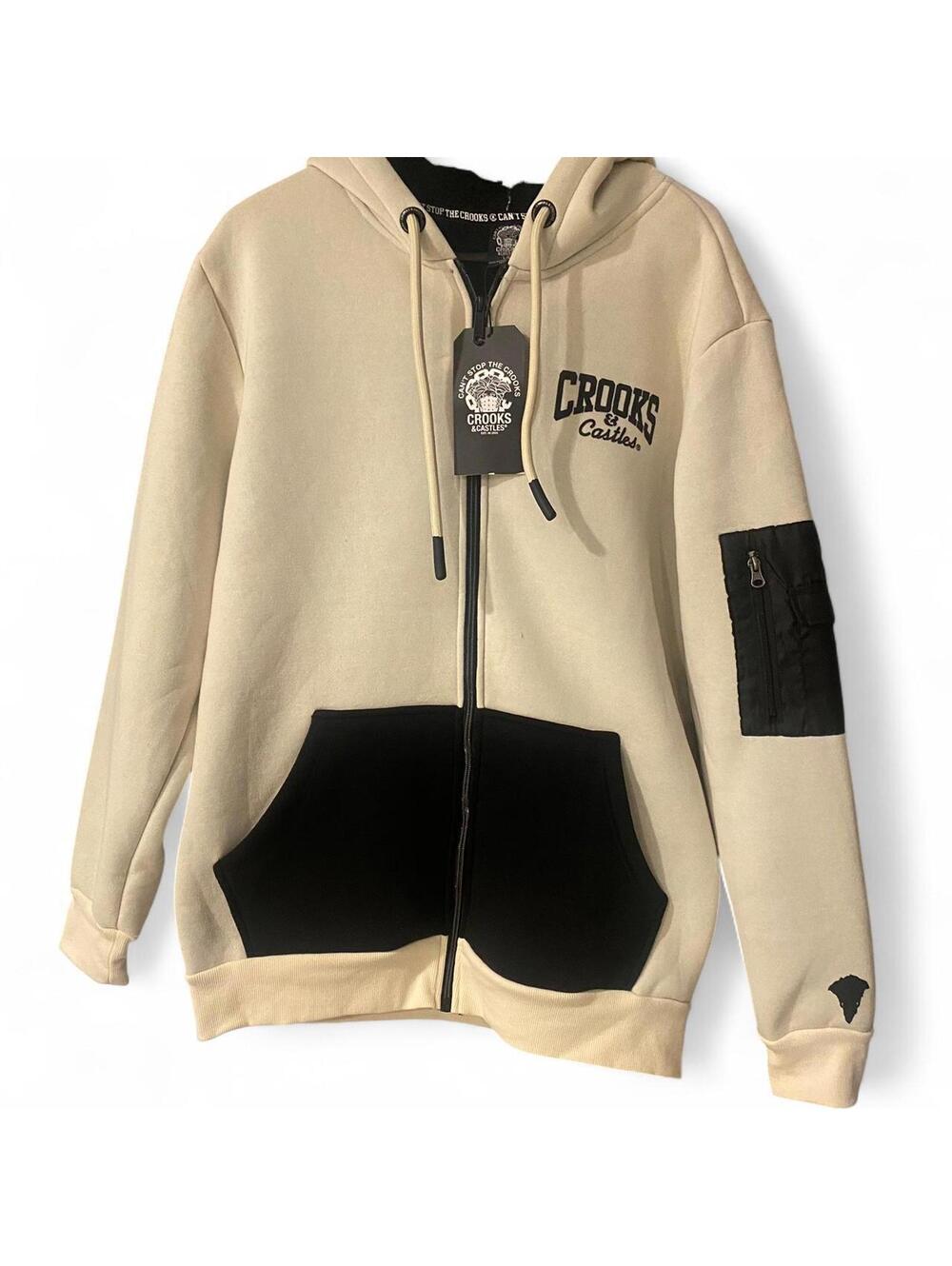 Crooks & Castles Cream and Black Full-Zip Hoodie - Large